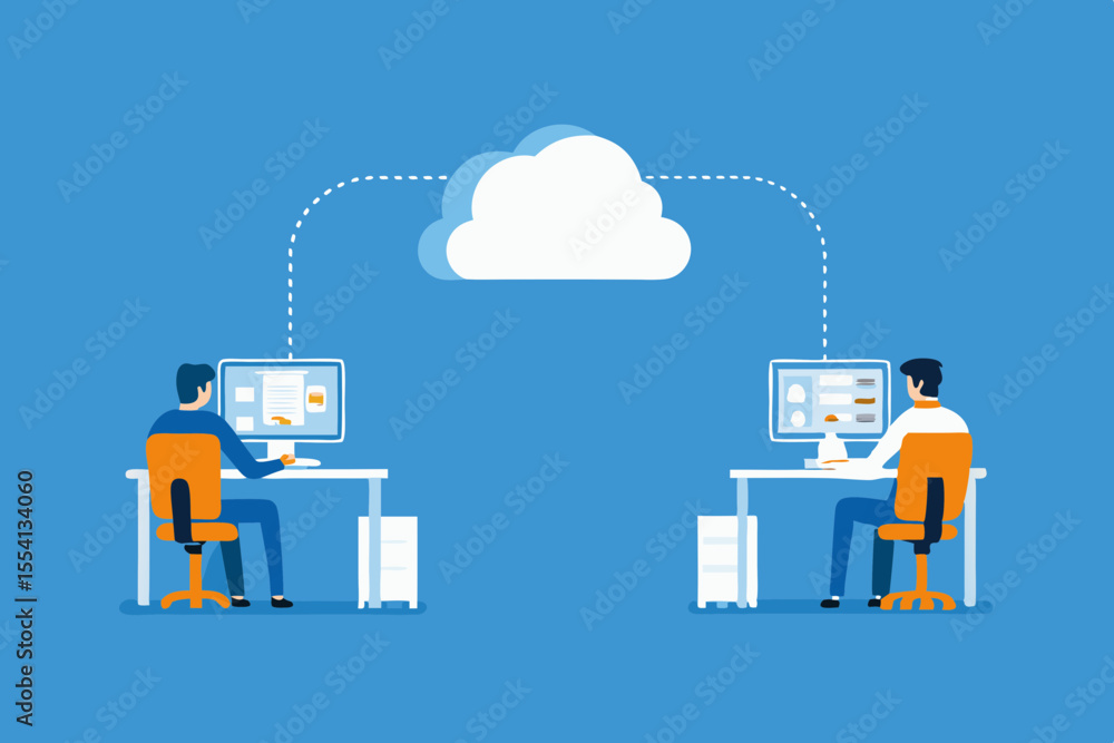 Poster two businessmen working remotely sharing data via cloud computing