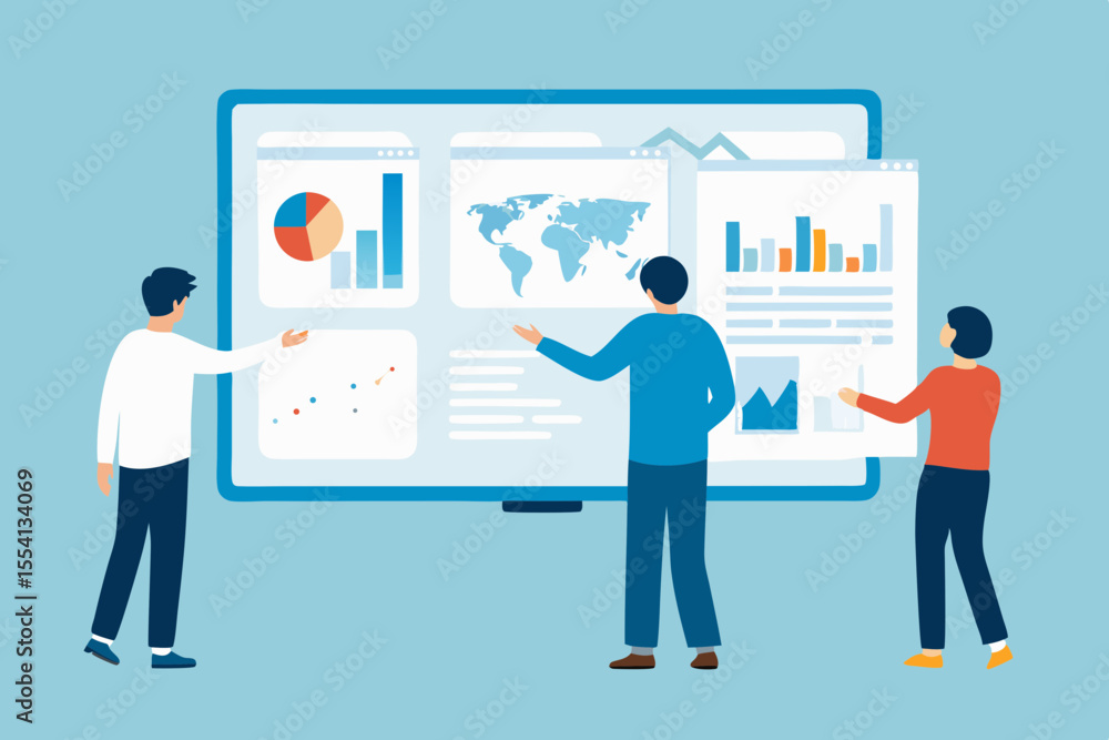 Poster team analyzing global business data on large screen display