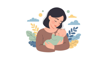 Adobe illustrator artwork vector illustration of a mother hugging her baby. A tender moment of love, connection, and bonding between a mom and her newborn. A gentle concept of happy motherhood.