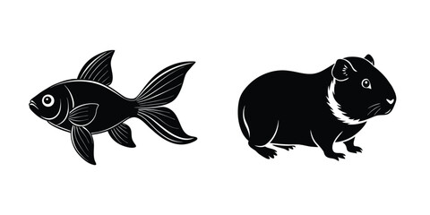 Goldfish Swimming Gently Flat Silhouette on White Background