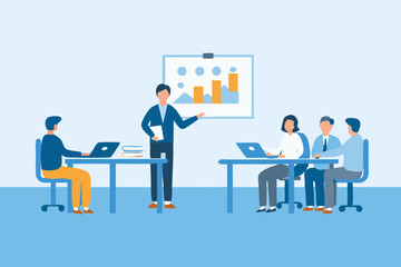 Business Team Meeting Presentation with Laptop and Graph Chart