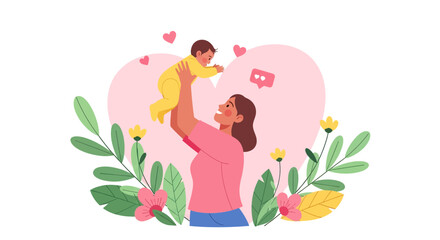 Adobe Illustrator artwork vector illustration of a loving mother gently lifting her baby, a tender moment perfect for family, childcare, and maternity themes.