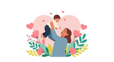 Adobe Illustrator artwork vector illustration of a loving mother gently lifting her baby, a tender moment perfect for family, childcare, and maternity themes.