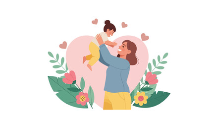 Adobe Illustrator artwork vector illustration of a loving mother gently lifting her baby, a tender moment perfect for family, childcare, and maternity themes.