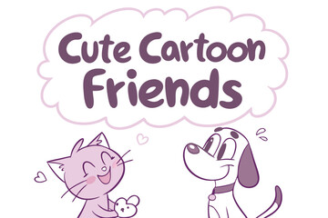 Adorable cartoon cat and dog friends in playful rounded style