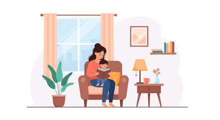 Adobe Illustrator artwork vector illustration of a mother and child sharing a book in a cozy living room, symbolizing family bonding and early childhood education.