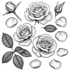 Detailed black and white illustration of blooming roses and scattered petals isolated on transparent background