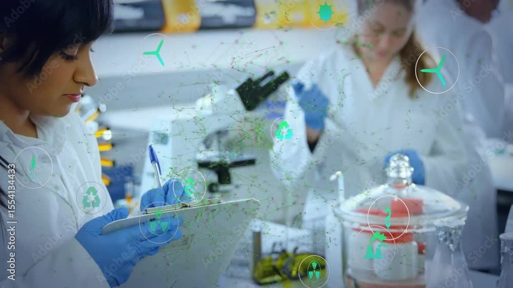 Poster lab scientist noting observations while pipetting sample and animating eco icons on bench
