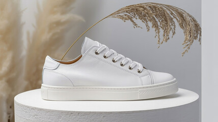 A product photo of a pristine white leather sneaker positioned on a white platform against a light gray background.
