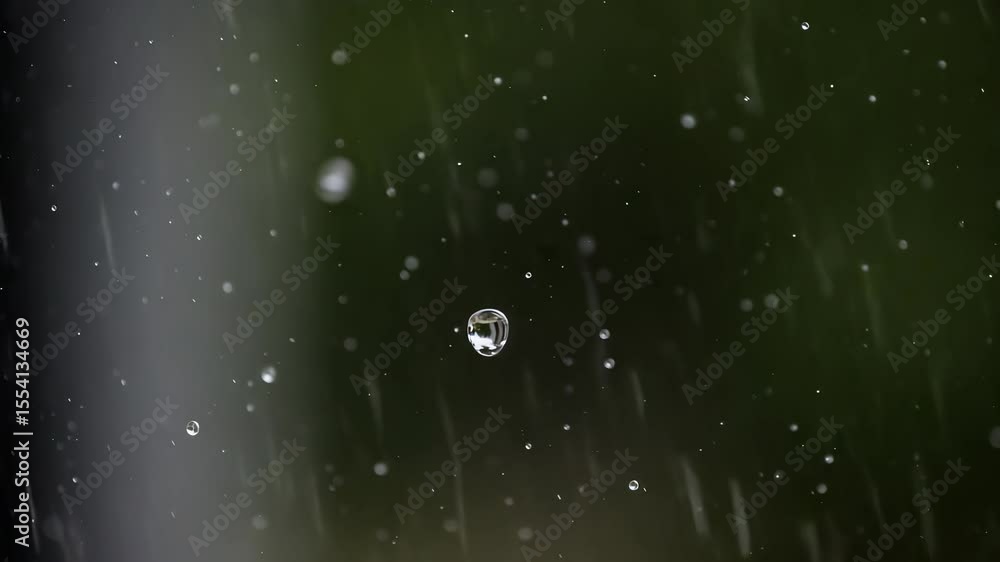 Poster close up of raindrops falling with a dark green bokeh background
