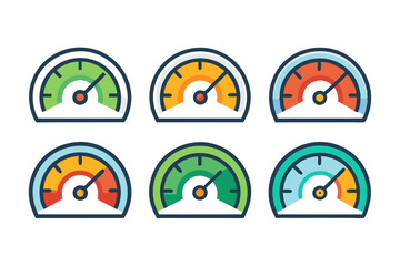 Fototapeta premium Set of Colorful Progress Indicators Six different progress meter icons various color stages progress meter progress indicator gauge speedometer performance status level progress bar color