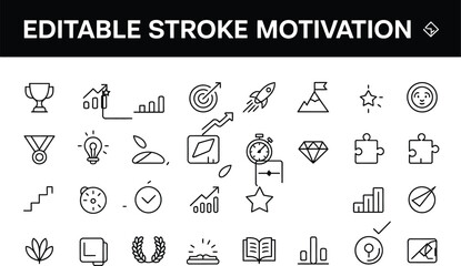 Editable stroke motivation icon set isolated on white background