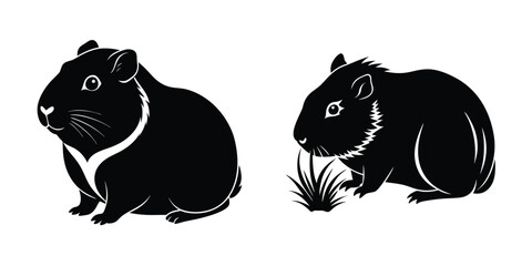 Guinea Pig Sitting Quietly Flat Silhouette on White Background