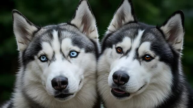 Close-Up of Two Huskies with Heterochromia Eyes With Fur Mix of White and Black on Soft Green Background