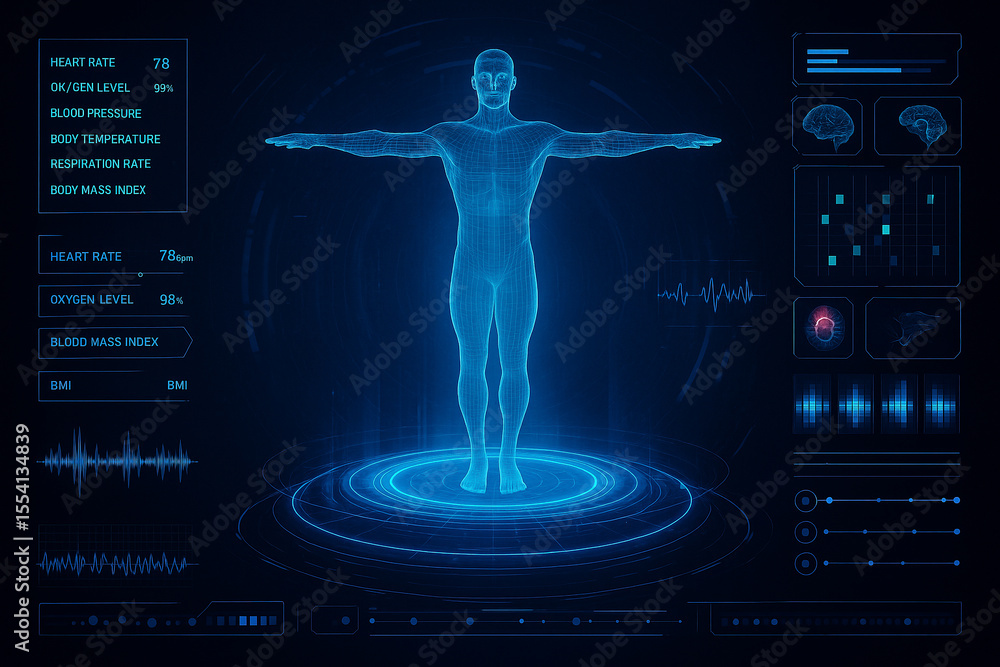 Poster ai generated futuristic scan of holographic male body with real time medical data overlay in sci fi 