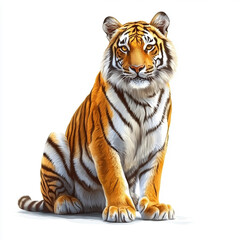 Obraz premium A striking, stylized illustration of a tiger sitting calmly, with its signature orange and black stripes, set against a pristine white background.