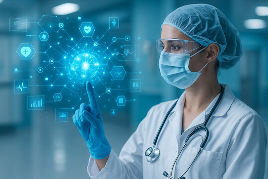 AI generated image of a female doctor using a virtual medical interface in a hospital environment with holographic icons data and biometric graphics showing futuristic healthcare interaction