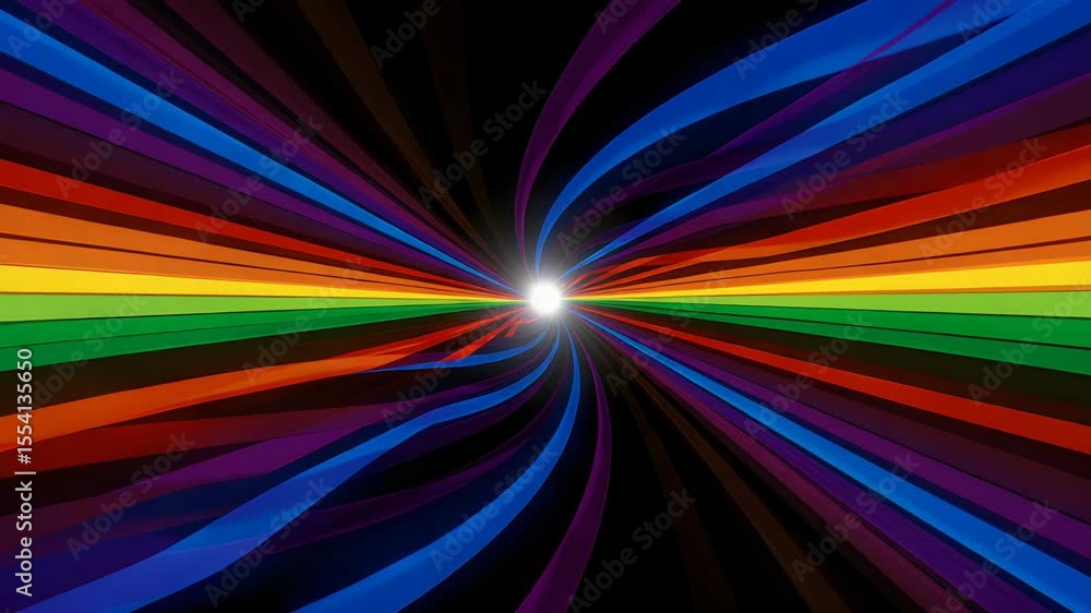 Poster colorful rainbow spectrum lines converging in symmetrical abstract composition on black background