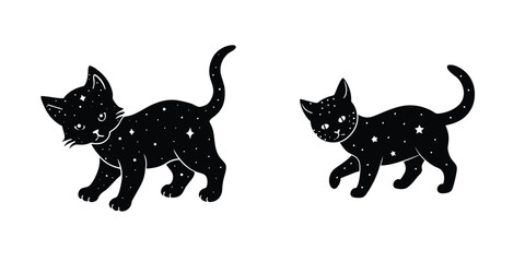 Kitten Exploring Space Flat Silhouette on White Background