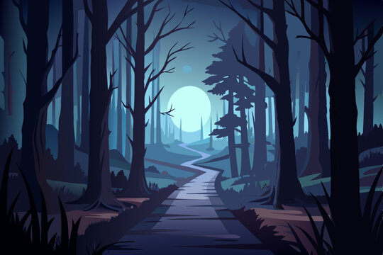 Mysterious Moonlight Forest Path stylized illustration dark forest path under pale moon forest path moonlight night trees landscape illustration nature dark fantasy spooky woods road