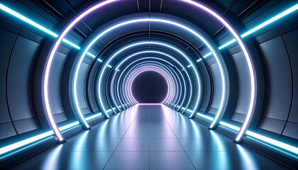 Futuristic tunnel with vibrant neon purple and cyan circular lights, reflecting on a glossy floor, creating a mesmerizing, symmetrical perspective