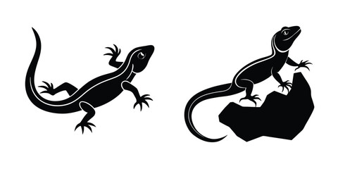 Lizard Crawling Slowly Flat Silhouette on White Background