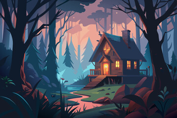 Enchanted Forest Cabin at Dusk cozy cabin nestled mystical forest twilight Peaceful stream meanders through the landscape forest cabin house illustration fantasy nature woodland twilight