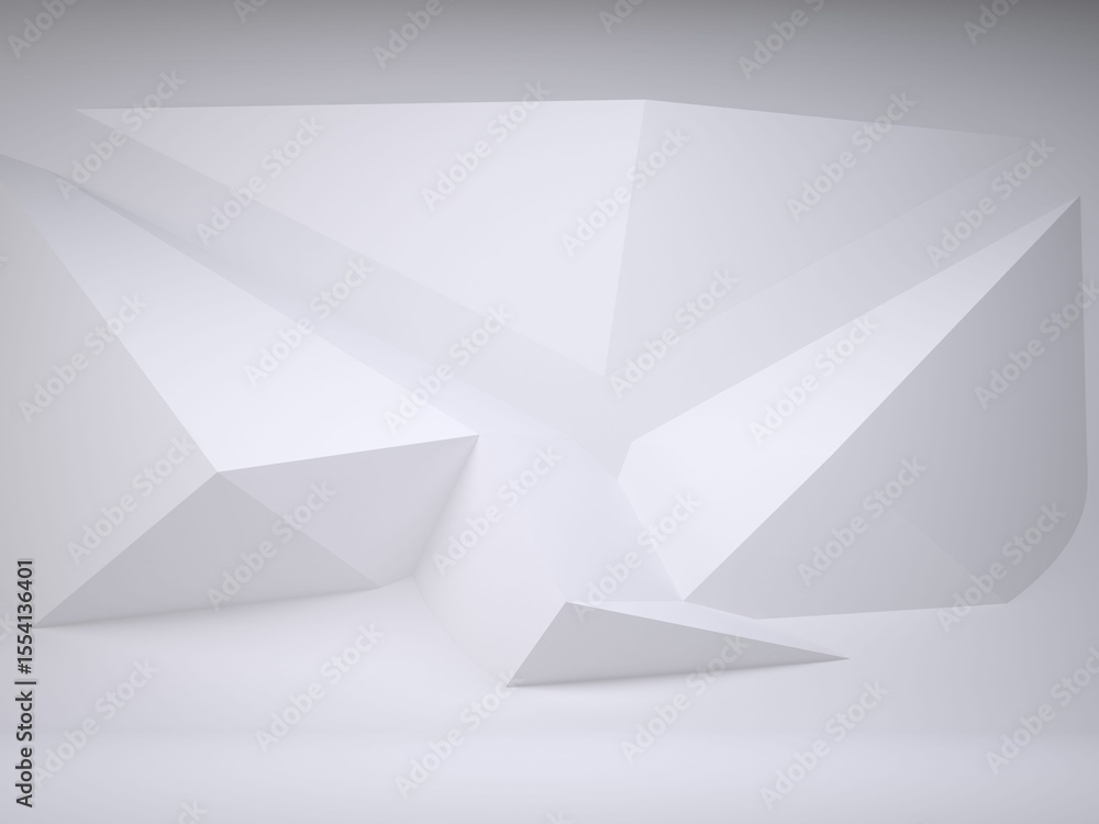 Poster Triangular prism sculpture is being displayed in minimalistic 3D render with angular white forms