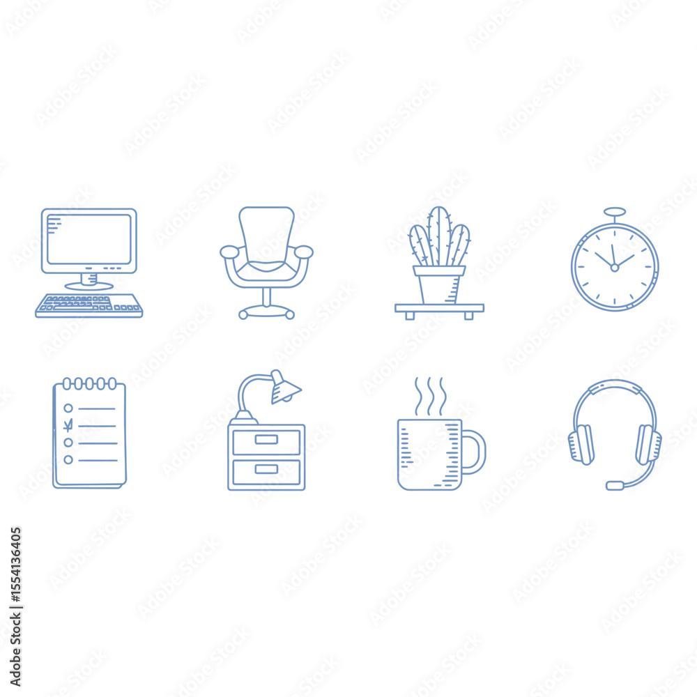 Poster office and work from home objects in a blue line drawing style