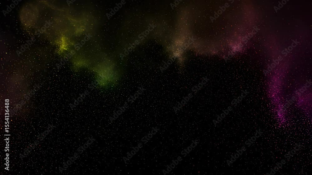Wall mural cosmic background with pink yellow green nebula clouds and sparkling stardust effects on dark backgr