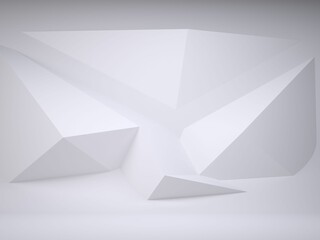 Triangular prism sculpture is being displayed in minimalistic 3D render with angular white forms