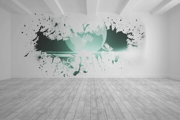 Splash on wall revealing global graphic