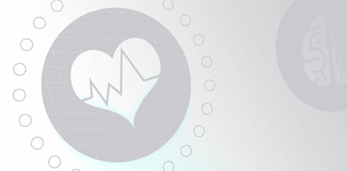 Flat design is showing circle grid, heart ECG line, circles and brain outline on grey gradient