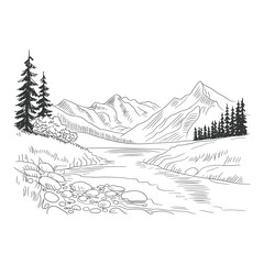 Fototapeta premium Mountain landscape with river isolated on white background