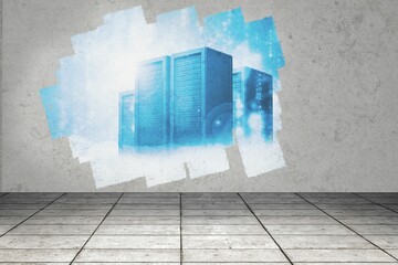 Display on wall showing server towers