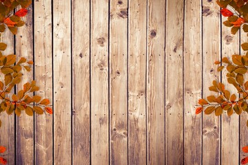Weathered wooden plank surface is showing natural grain in flat design with autumn leaves framing