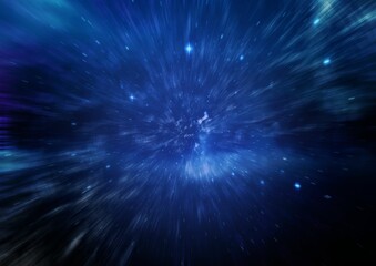 Central starburst is radiating radial light trails and glowing nebulae in flat deep space design