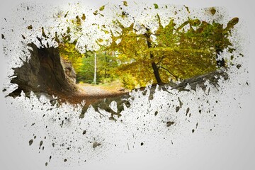 Splash on wall revealing forest path