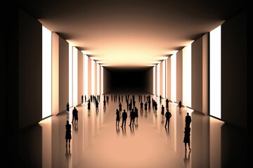 Tiny figures in black hall