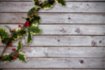 Fototapeta premium Holiday-themed flat design is showing yellow-edged holly branch with red berries on wood backdrop