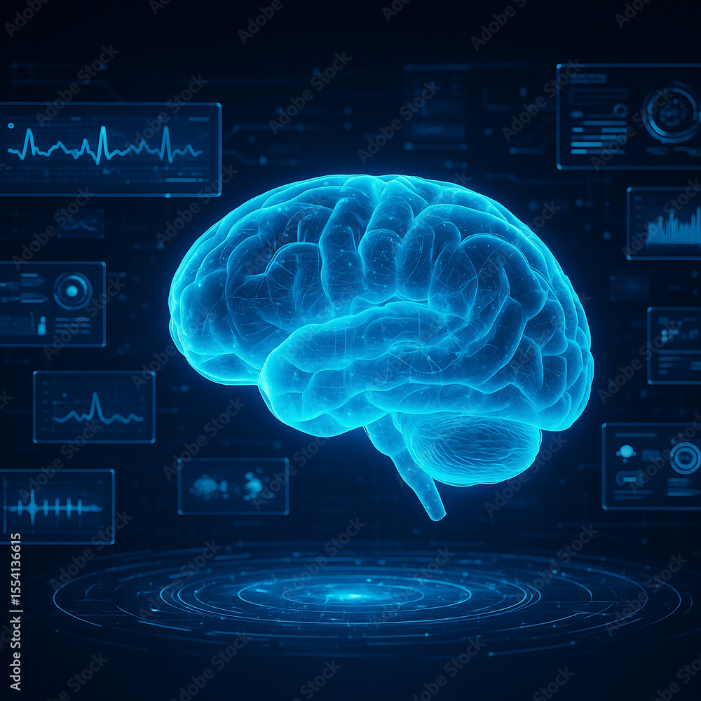 Poster ai generated digital brain with glowing blue interface panels representing advanced cognitive analys