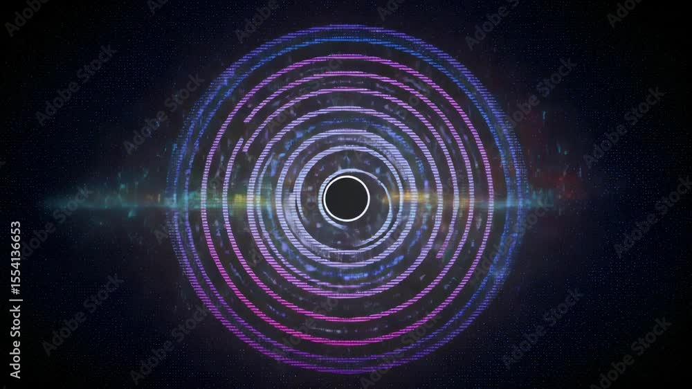 Poster cosmic vortex with concentric light circles emanating from black hole on starry background and lens 