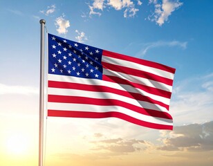 Obraz premium American flag with dramatic sky and sun flare