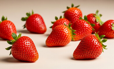 Several ripe red strawberries with green stems are scattered on a surface.