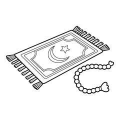 Prayer rug and beads isolated on white background in line art style