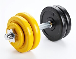 Dumbbell with yellow and black weights on white background