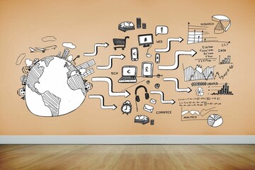 Black white graphic on orange wall