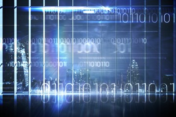 Hologram interface in office overlooking city