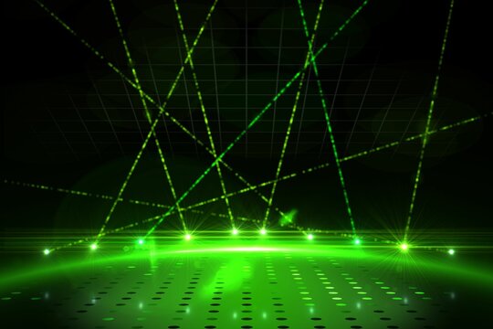 Glowing green grid platform is lighting futuristic wireframe stage, with intersecting laser beams