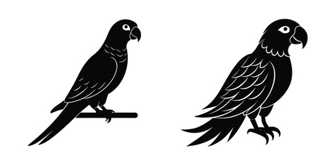 Parrot on Perch Flat Silhouette on White Background